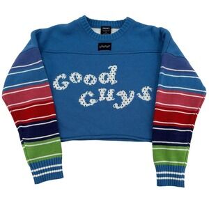 Chucky Women Large Good Guys Cropped Sweater Blue Striped Sleeve Horror Movie
